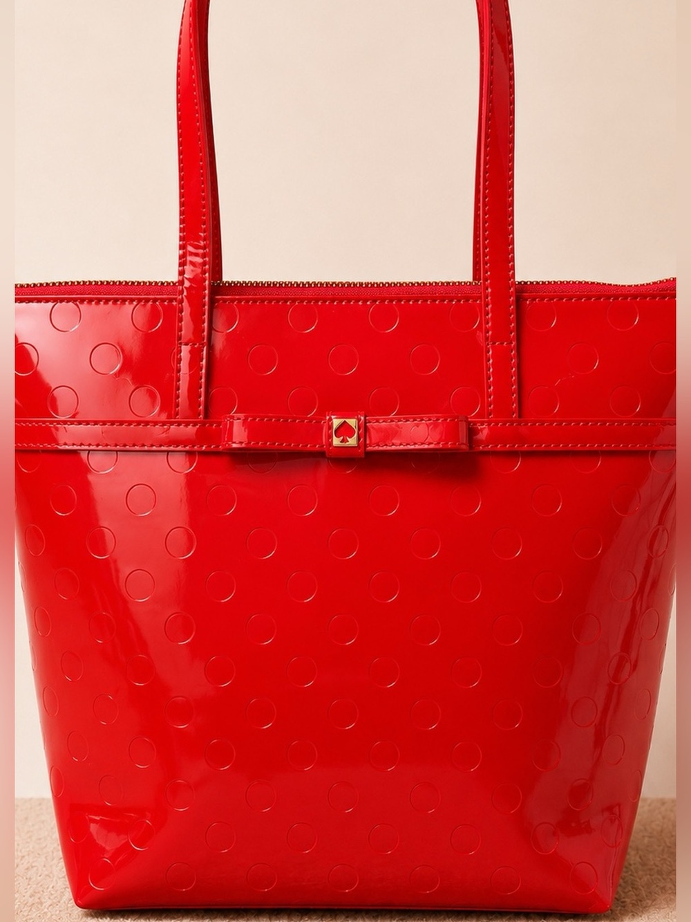 KATE SPADE ♠️ Red Patent Dot-Embossed Tote with Bow Accent